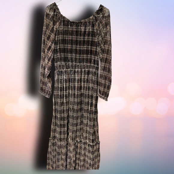 Knox Rose Plaid Metallic Shimmer Peasant Midi Dress Brown Gold Size M Pockets - Picture 2 of 7